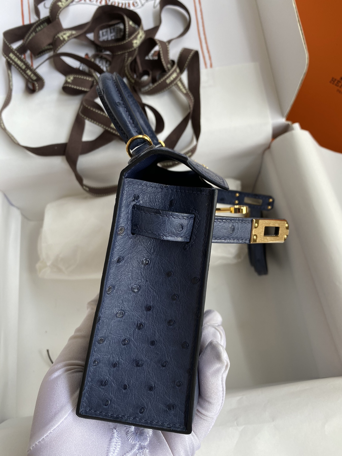 Hermes Kelly Mini II Bag 19CM In Blue Iris Ostrich Leather